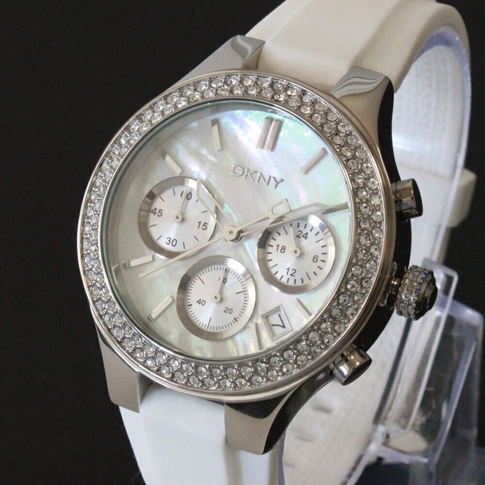 DNKY Women's Chronograph Crystal Bezel Mother Of Pearl Dial Silicone Strap 38mm - Picture 7 of 14